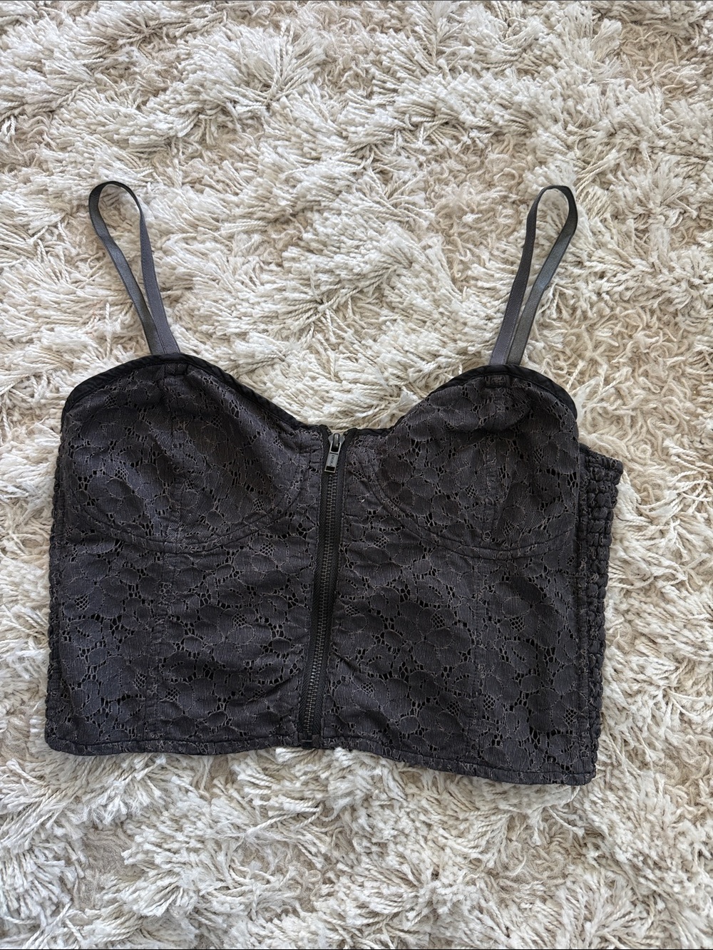 Talula Gray Lace Zip-Front Bustier Crop Top